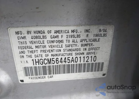 2005 Honda Accord 2.4 Lx from USA, damaged, VIN 1HGCM56445A011210